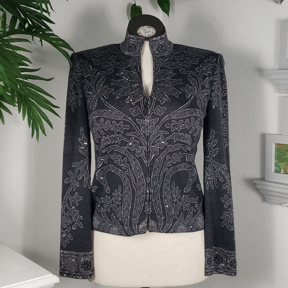 St. John Gray Knit w/ Jewels and Studs, Mandarin Collar & Zip-Front - Formal 6